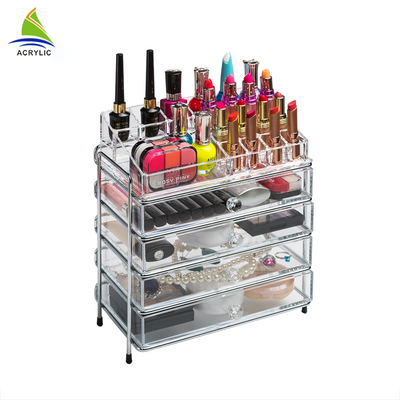 Estante de exhibición de acrílico de las gradas del maquillaje del almacenamiento 4 del cajón del claro elegante de la caja de almacenamiento