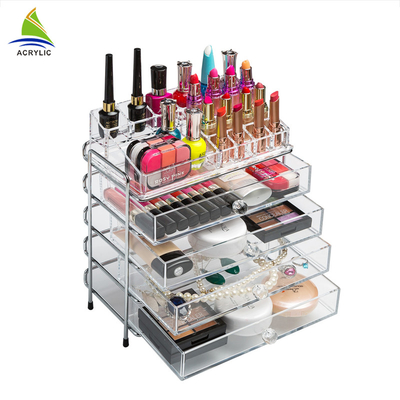 Estante de exhibición de acrílico de las gradas del maquillaje del almacenamiento 4 del cajón del claro elegante de la caja de almacenamiento