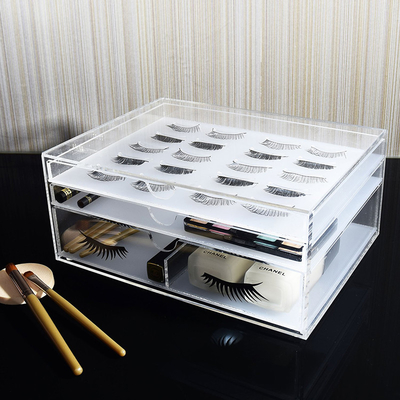 El organizador de acrílico elegante de la pestaña de 3 rejillas, caja de la pestaña del plexiglás para el maquillaje equipa almacenamiento