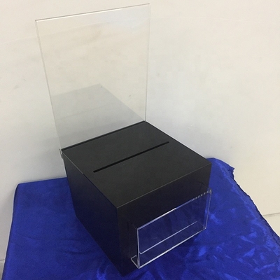Caja de acrílico bloqueable negra escarchada de la donación de la caja/del plexiglás de presentación con el portatarjetas de la muestra