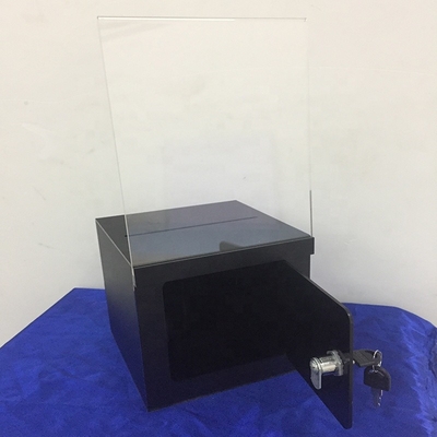 Caja de acrílico bloqueable negra escarchada de la donación de la caja/del plexiglás de presentación con el portatarjetas de la muestra