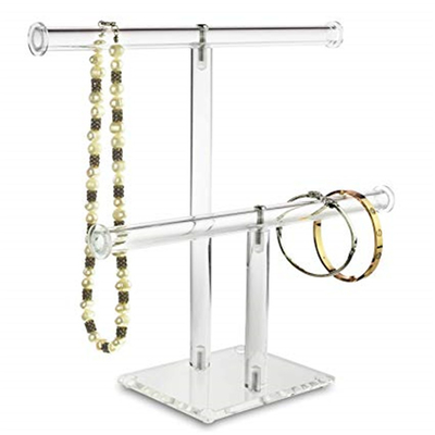 Exhibición de acrílico clara de la joyería de 2 gradas, T - sistema del soporte de exhibición del collar de la pulsera de la barra