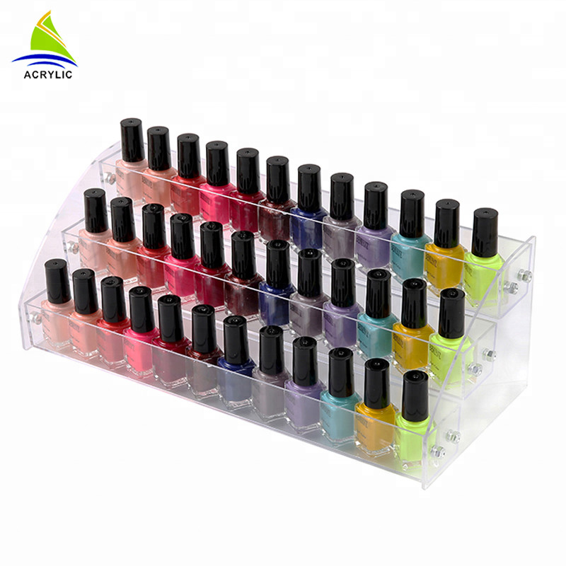 Organizador material de acrílico del cosmético del tenedor del soporte de la botella del esmalte de uñas de la exhibición cosmética de acrílico con gradas
