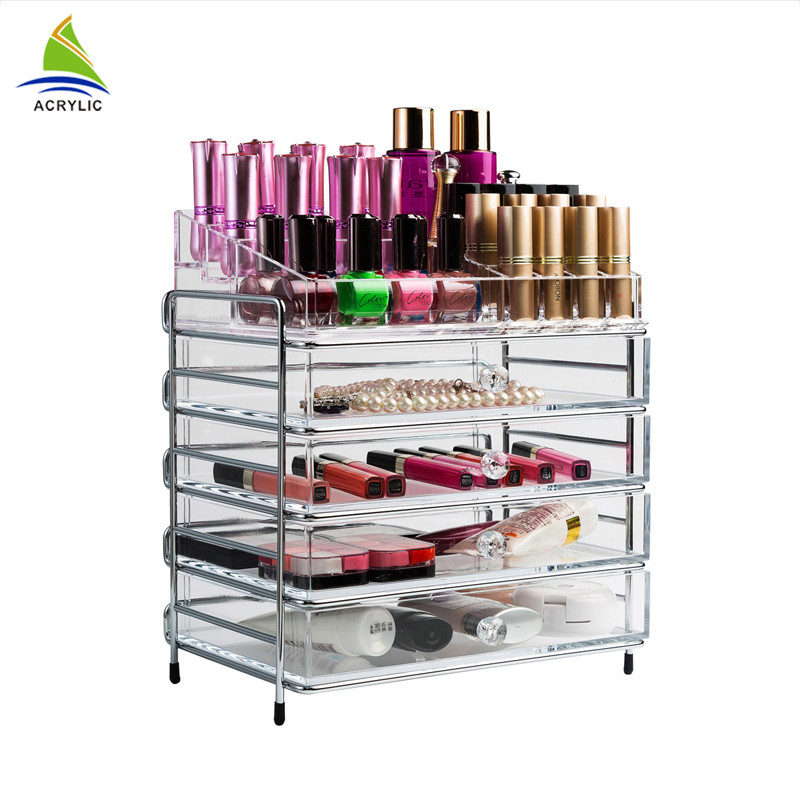 Estante de exhibición de acrílico de las gradas del maquillaje del almacenamiento 4 del cajón del claro elegante de la caja de almacenamiento