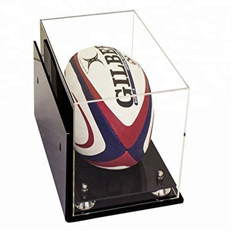Superficie lisa de acrílico comercial de la caja de presentación de la bola de rugbi de los deportes de la caja de presentación con la base