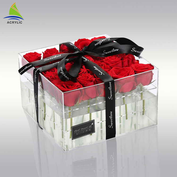 Caja de empaquetado de encargo de la flor de acrílico de acrílico clara de la caja de almacenamiento del plexiglás para preservado 25 rosas