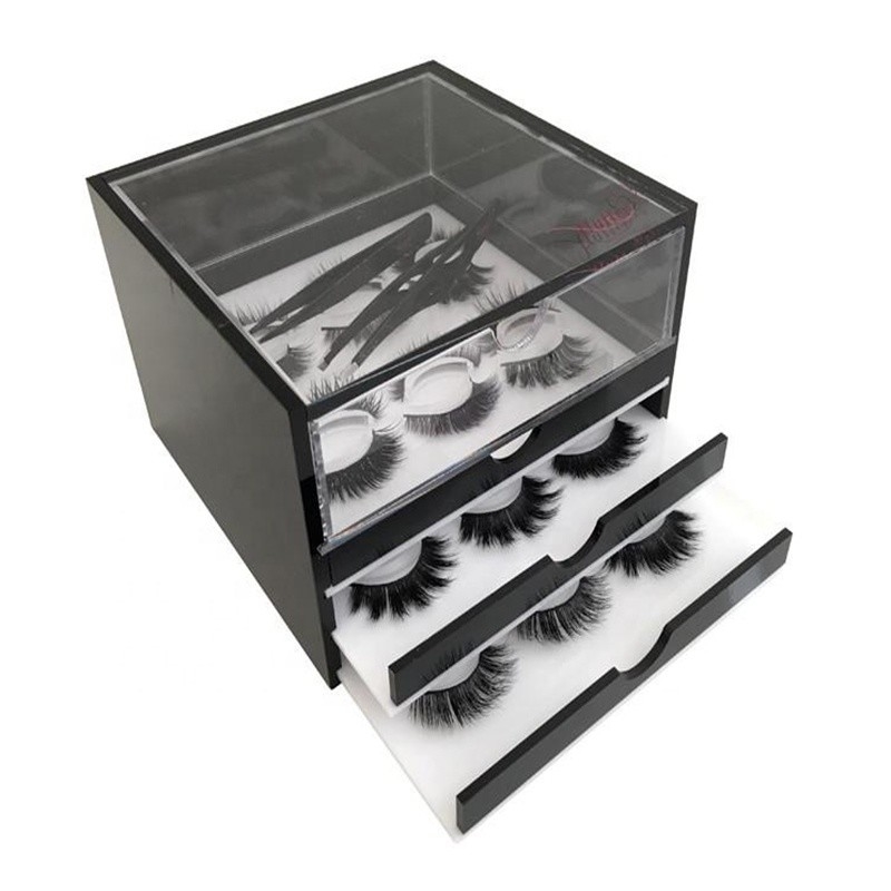 El organizador de acrílico elegante de la pestaña de 3 rejillas, caja de la pestaña del plexiglás para el maquillaje equipa almacenamiento